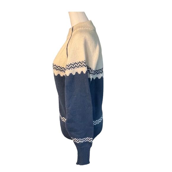 Vintage Fair Isle Mock Neck Sweater Blue Off White Knit Long Sleeve S - Picture 2 of 3